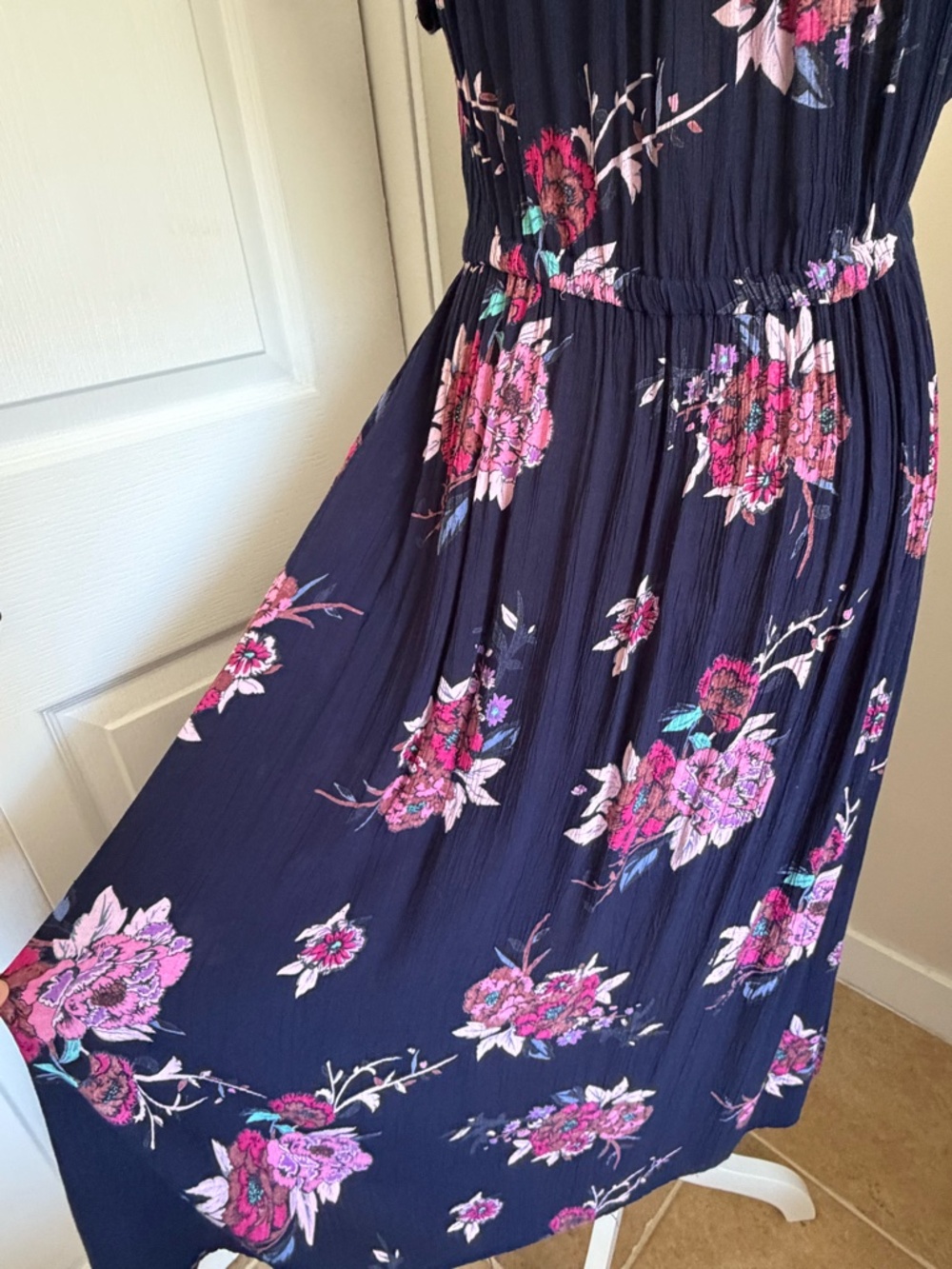 Patrons of Peace Dark Blue Floral Ruffled Sleeve Feminine Casual Midi Dress-Sz-L - Picture 6 of 16